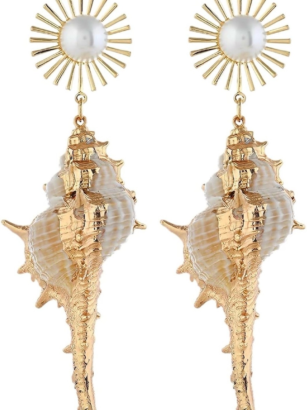 Gold Pearl Sunburst Shell Drop Earrings